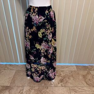 Black and purple floral maxi skirt with elastic waistband